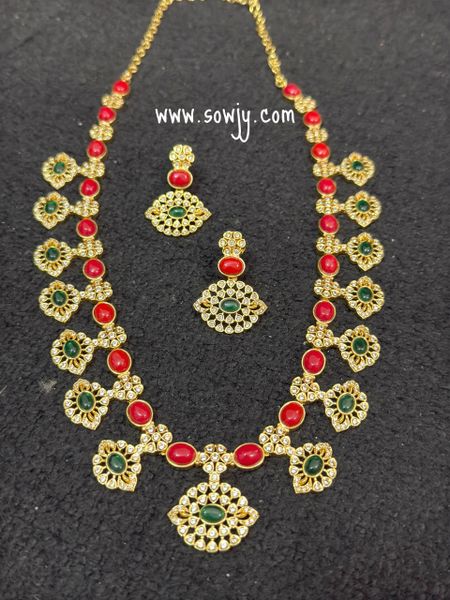 Lovely Floral Designer Gold Finish Coral And Emerald Green Stones Long Necklace/ Haaram with matching Earrings- NO GOD/GODDESS/NO ANIMAL MOTIFS!!!