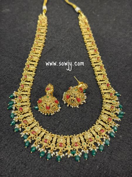 Very Grand and Big Size Nakshi Pattern Coral Beads Lakshmi Designer Gold Look Alike Long Haaram with Matching Medium Size Jhumkas!!!!