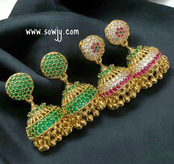 Beautiful Gold Replica Screw Back Medium Size Jhumkas -Suitable for Kids and Also Ladies- GREEN !!!!