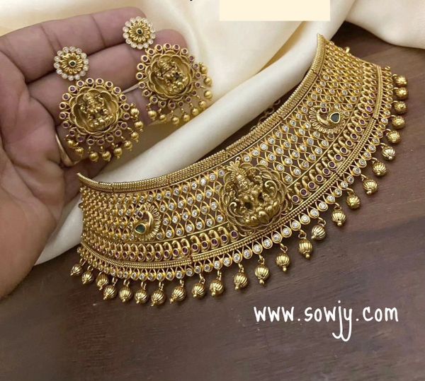 Lovely Gold Replica AD Stone Lakshmi Pendant Big Size Choker Set with Lakshmi Earrings!!!!!