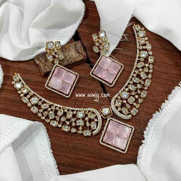 Broad Big Victorian Finish Classy Big Uncut AD Stones Necklace with Earrings -PASTEL PINK!!!!