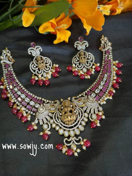 Beautiful and Very Grand Victorian Mehandi Finish Gajalakshmi Necklace with Matching Earrings- RUBY !!!