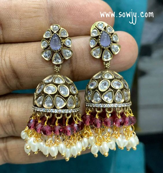 Beautiful Victorian Finish Uncut AD Stones Medium Size Jhumkas- RUBY!!!