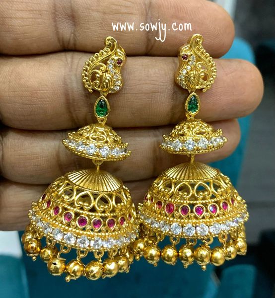 Beautiful Peacock Big Size Two Layer Light Weighted Jhumkas-Red,Green and White!!!!