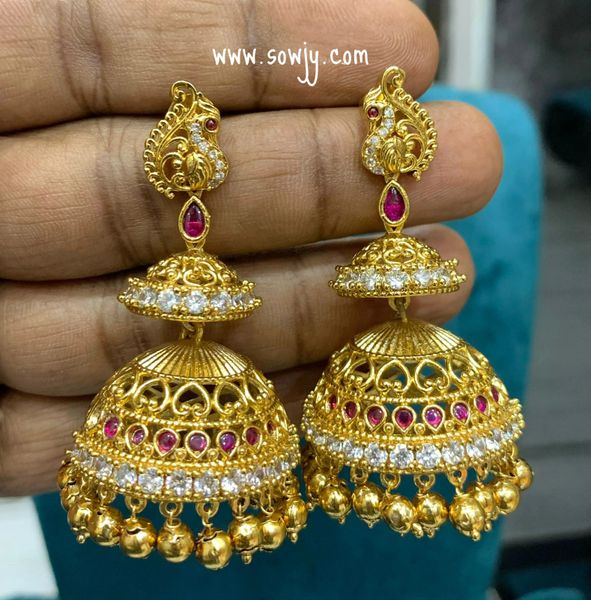 Beautiful Peacock Big Size Two Layer Light Weighted Jhumkas-Red and White!!!!