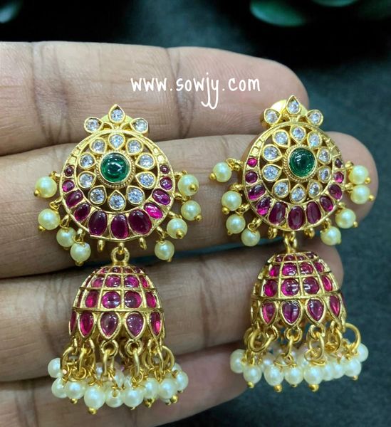 Jadau Kundan Replica Real Kemp Stones Medium Size Chaandbali Gold Finish Jhumkas!!!