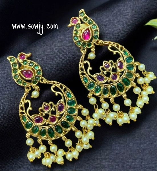 Jadau Replica Real Kemp Stone Big Size Peacock Chaandbali Pattern Earrings- GREEN!!!!