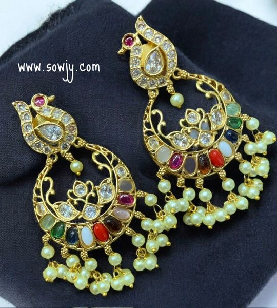 Jadau Replica Real Kemp Stone Big Size Peacock Chaandbali Pattern Earrings- MULTI_COLOR!!!!