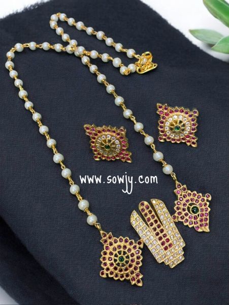 Beautiful Real Kemp Stone Balaji Namam,Sangu Chakra Pendant in Designer Pearl Short Chain with Matching Earrings!!!!