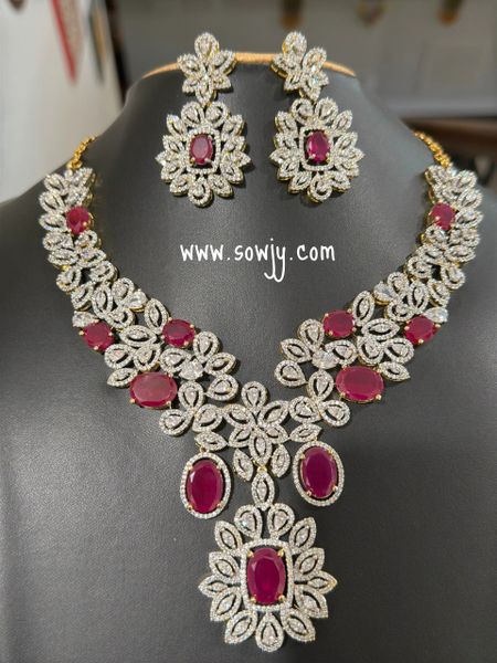 Very Grand Mid Length Diamond Floral Designer Big Size Necklace with Big Light Weighted Earrings- RUBY!!!!