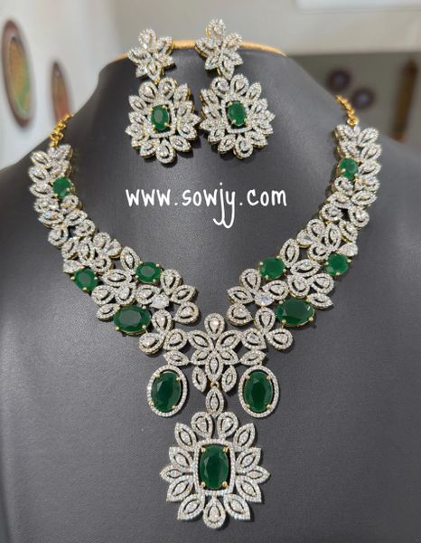 Very Grand Mid Length Diamond Floral Designer Big Size Necklace with Big Light Weighted Earrings- GREEN !!!!