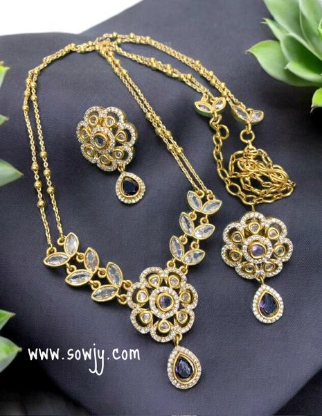 Lovely Floral Pendant in Gold Finish in Designer Two Layer Long Chain with Matching Earrings- Purple Stone!!!