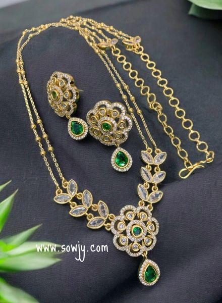 Lovely Floral Pendant in Gold Finish in Designer Two Layer Long Chain with Matching Earrings- Green Stone!!!