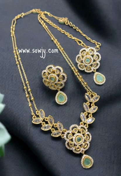 Lovely Floral Pendant in Gold Finish in Designer Two Layer Long Chain with Matching Earrings- Mint Green Stone!!!