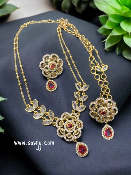 Lovely Floral Pendant in Gold Finish in Designer Two Layer Long Chain with Matching Earrings- Red Stone!!!