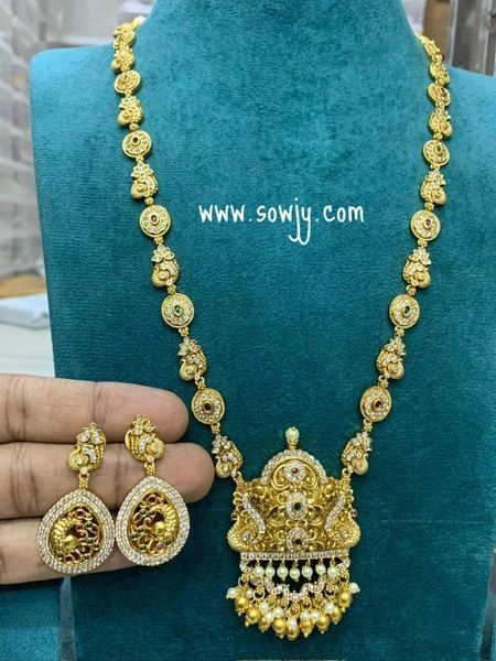 Lovely Gold Look Alike Embossed Peacock Pendant Long Necklace with Matching Earrings- NO GOD/GODDESS!!!!