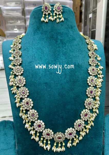 Very Grand Floral Designer Long Haaram/Necklace with Rice Pearl Hangings and Matching Earrings- Red Stone!!!