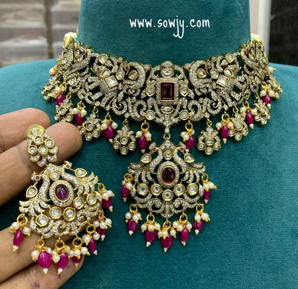 Very Grand Victorian Finish High Collar Peacock Pendant Choker Set with Earrings- Ruby!!!!