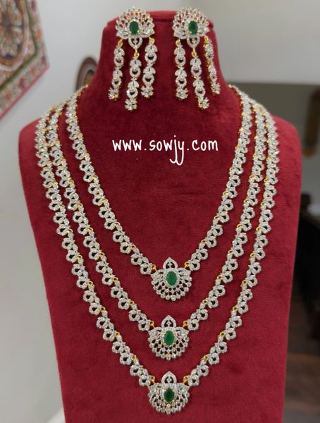 Beautiful and Grand Diamond Replica Three Layer Long Designer Floral Necklace with Long Light Weighted Earrings- Green Stones- NO GOD/GODESS/ANIMAL MOTIFS!!!!