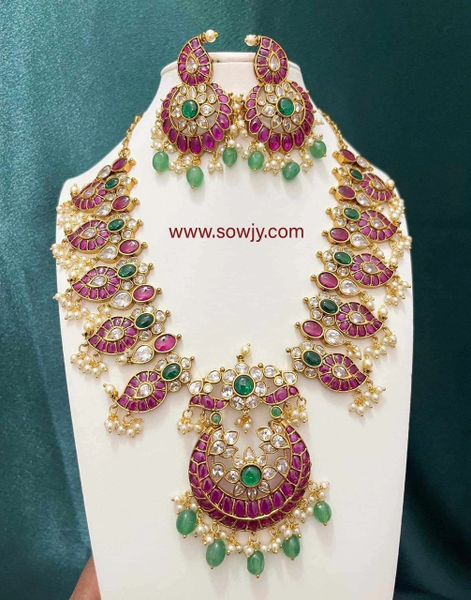 Jadau Kundan Replica Real Kemp Stone Floral Big Size Pendant Paisley Design Mid-Length Big Haaram with Big Light Weighted Earrings!!!!