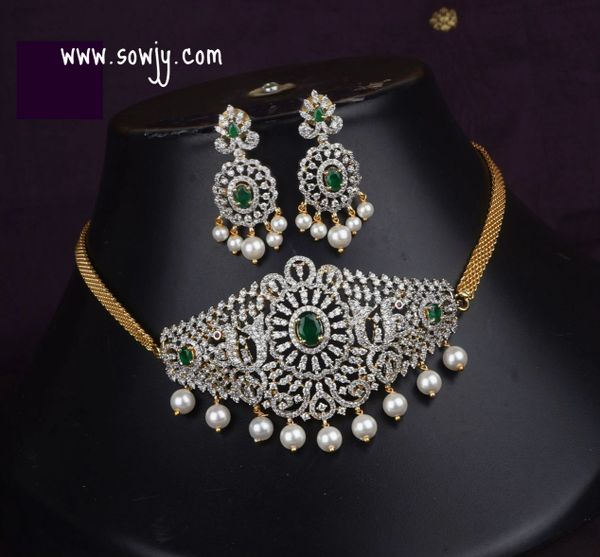 Lovely Floral Designer Diamond Look Alike Gold Finish Choker with Matching Earrings- Green - Design 1!!!!!