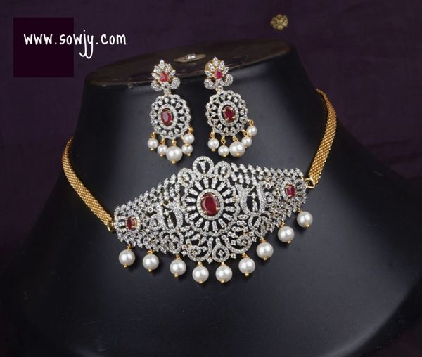 Lovely Floral Designer Diamond Look Alike Gold Finish Choker with Matching Earrings- RED - Design 1!!!!!