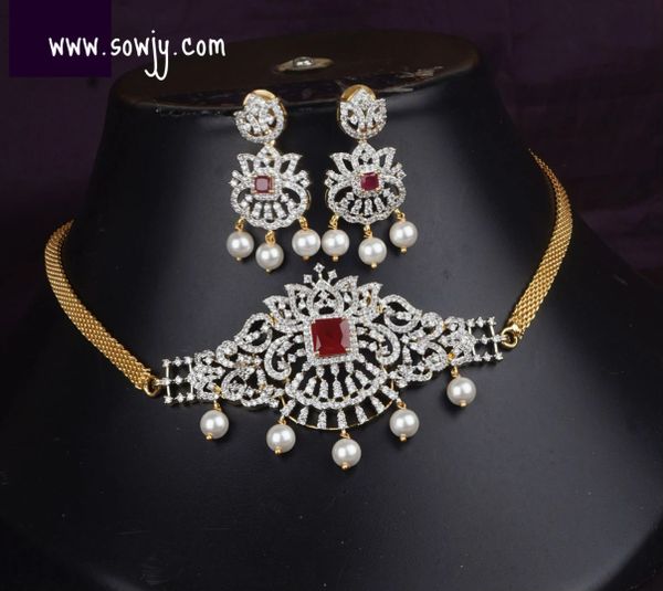 Lovely Floral Lotus Designer Diamond Look Alike Gold Finish Choker with Matching Earrings- RED - Design 2!!!!!