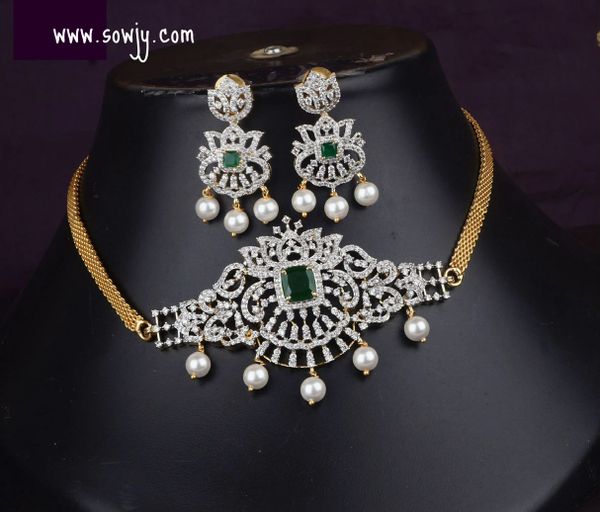 Lovely Floral Lotus Designer Diamond Look Alike Gold Finish Choker with Matching Earrings- GREEN - Design 2!!!!!