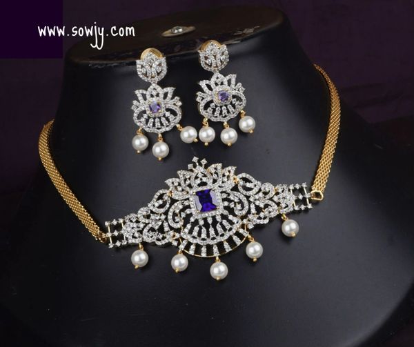 Lovely Floral Lotus Designer Diamond Look Alike Gold Finish Choker with Matching Earrings- PURPLE - Design 2!!!!!