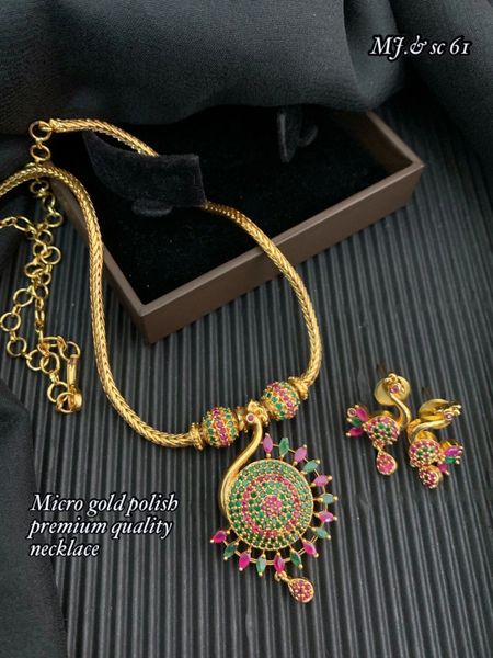 Simple and Classy Design Peacock AD Stone Pendant in Designer Chain with Small Earrings- Ruby and Green!!!!