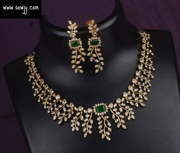 Lovely Victorian Finish Leaf Design Necklace with Designer Leaf Earrings- Green Stones!!!