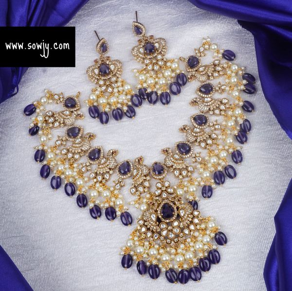 Very Grand Victorian Mehandi Finish Peacock Pendant Necklace with Matching Earrings- Purple Stone and Russian Hanging Beads!!!!