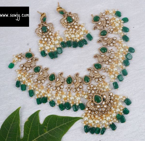 Very Grand Victorian Mehandi Finish Peacock Pendant Necklace with Matching Earrings- Green Stone and Russian Hanging Beads!!!!