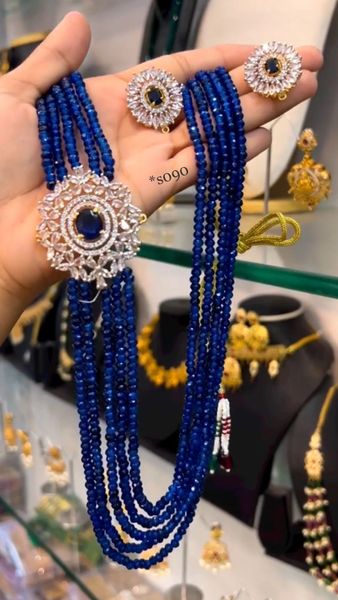 Beautiful Blue Crystals 5 Layer Long Necklace with Diamond Side Brooch Pendant and Matching Earrings with Blue Stones!!!