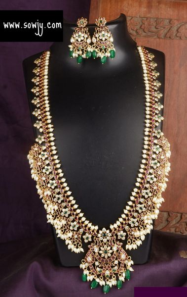 Jadau Replica Real Kemp Stone Grand And Very Long Peacock Pendant Guttapusalu Haaram with Matching Earrings!!!!