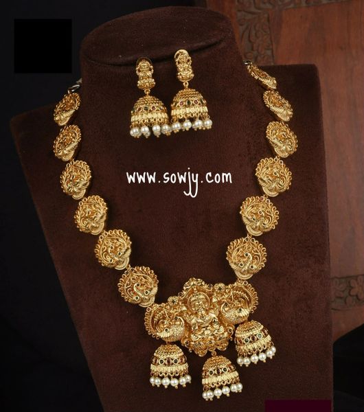 Very Grand Lakshmi Nakshi (3D Embossed Design) Jhumkas Pendant Mid-Length Haaram with Matching Jhumkas!!!