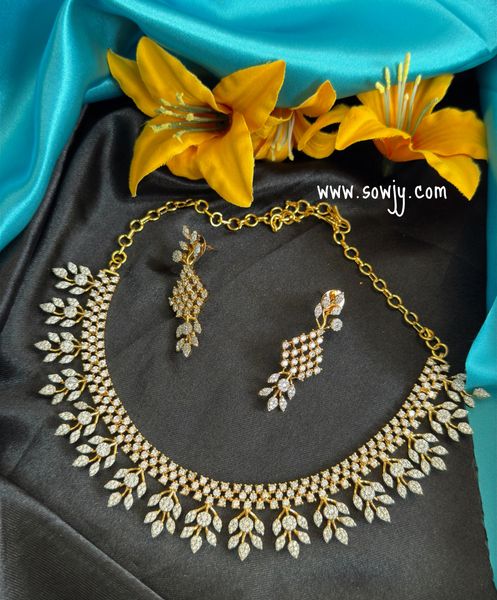 Classy Statement Style Diamond Look Alike Gold Finish Necklace with Designer Earrings!!!!