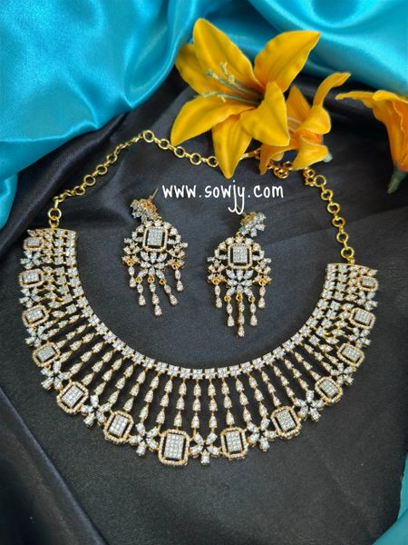 Classy Statement Style Diamond Look ALike Gold Finish Intricate Designer Work Big Necklace with Matching Earrings!!!!!