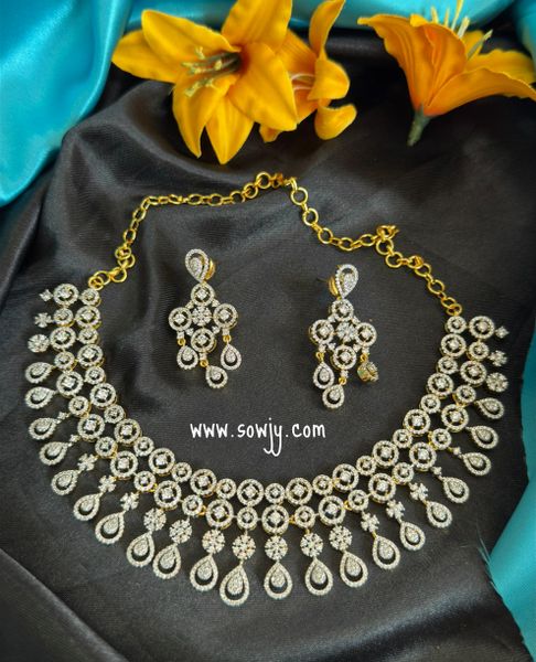 Grand Diamond Look ALike Gold Finish Designer Statement Style Big Necklace with Matching Earrings!!!