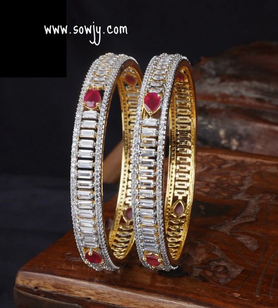 Lovely Diamond Look Alike Gold Finish Bangles -Design2-Ruby- Set of 2-Size 2.4