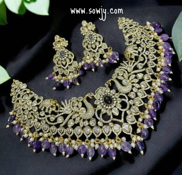 Very Grand Big Size Victorian Choker Style Necklace with Matching Earrings- Purple!!!