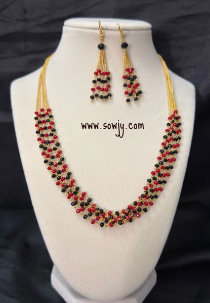 Classy Elegant Crystal Beads Layered Short Chain with Matching Hook Earrings- Black and Red!!!