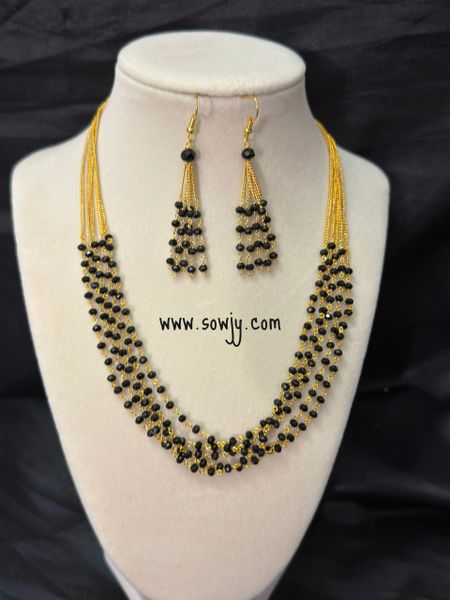 Classy Elegant Crystal Beads Layered Short Chain with Matching Hook Earrings-Black !!!