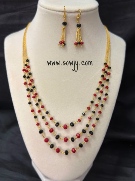 Gold Finish Crystal Beads Three layer Short Layer Chain with Matching Earrings-Black and Red !!!!