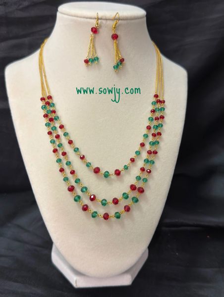 Gold Finish Crystal Beads Three layer Short Layer Chain with Matching Earrings-Sea Green and Red !!!!