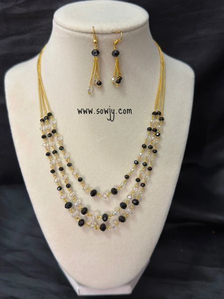 Gold Finish Crystal Beads Three layer Short Layer Chain with Matching Earrings-Black and White !!!!