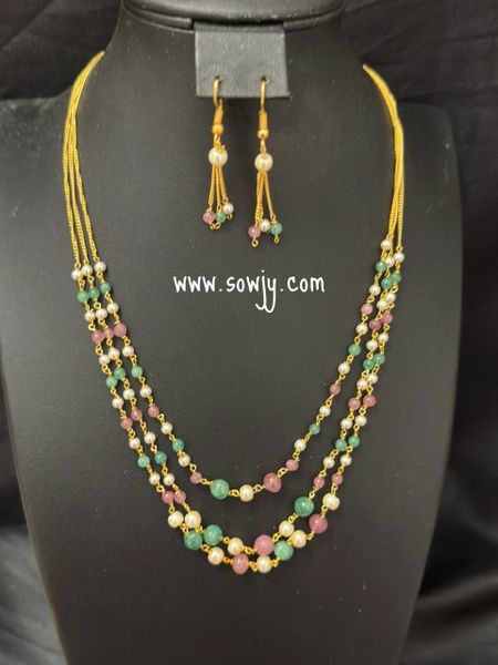 Gold Finish Crystal Beads Three layer Short Layer Chain with Matching Earrings-Multi-Color !!!!