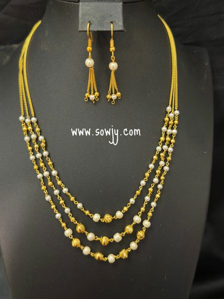 Gold Finish Crystal Beads Three layer Short Layer Chain with Matching Earrings-Gold and Pearl !!!!