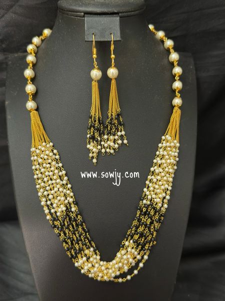 Beautiful Layered Pearl Mid-Length Long Chain with matching Earrings- Pearl and Black!!!!