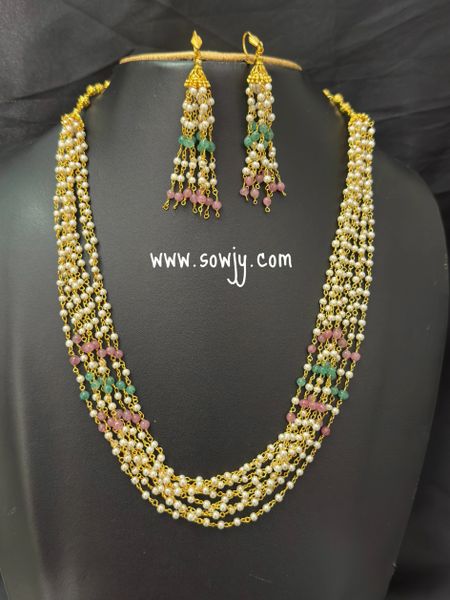 Beautiful Layered Pearl Mid-Length Long Chain with matching Earrings- Multi-Color !!!!